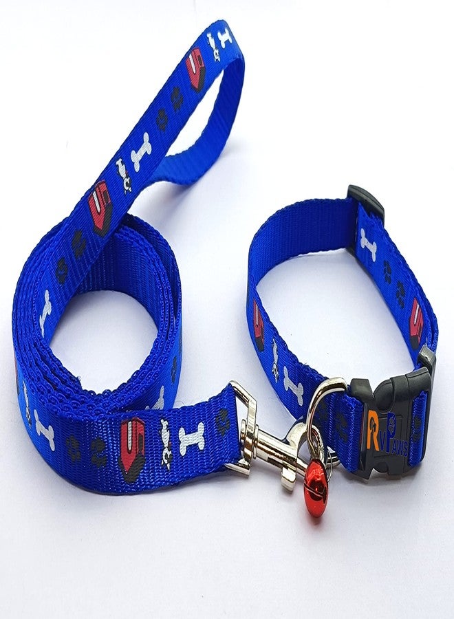 Pups&Pets 15 MM Paw/Bone Printed Soft Nylon Collar Belt and Leash Set for Small Breed Dog and Puppies - Blue - Image 1